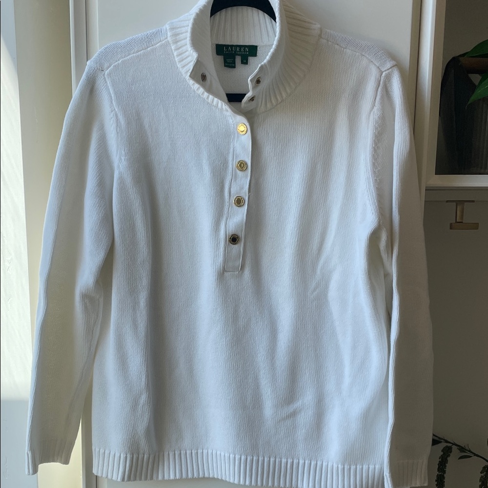 Ralph Lauren Sweater, Funnel Neck, 100% Cotton. Snap Neckline. Ribbed trim. GUC
